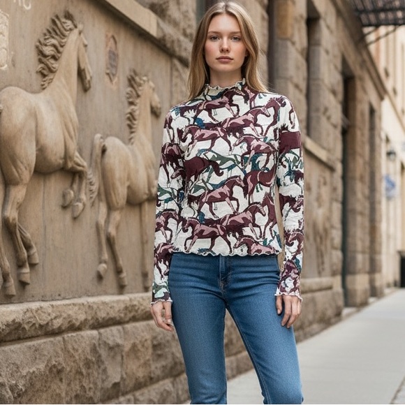 blue b Tops - NEW blue b Cream Purple Pink Mauve & Teal Green Horse Theme Mesh Sheer Shirt S L